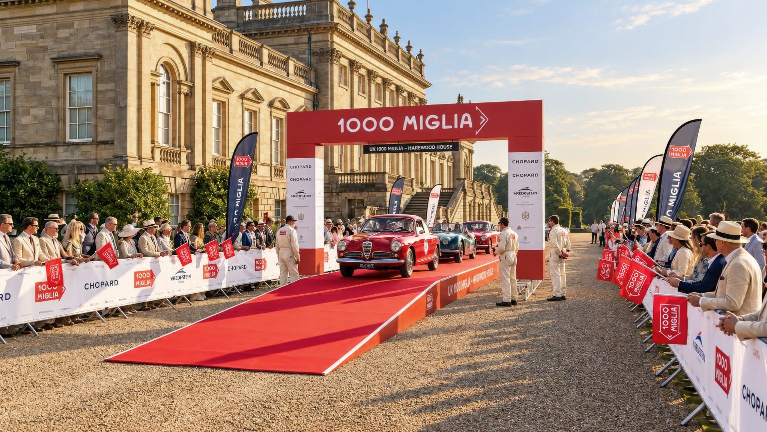 A classic Alfa Romeo on the start ramp under the 1000 Miglia arch in front of Harewood House