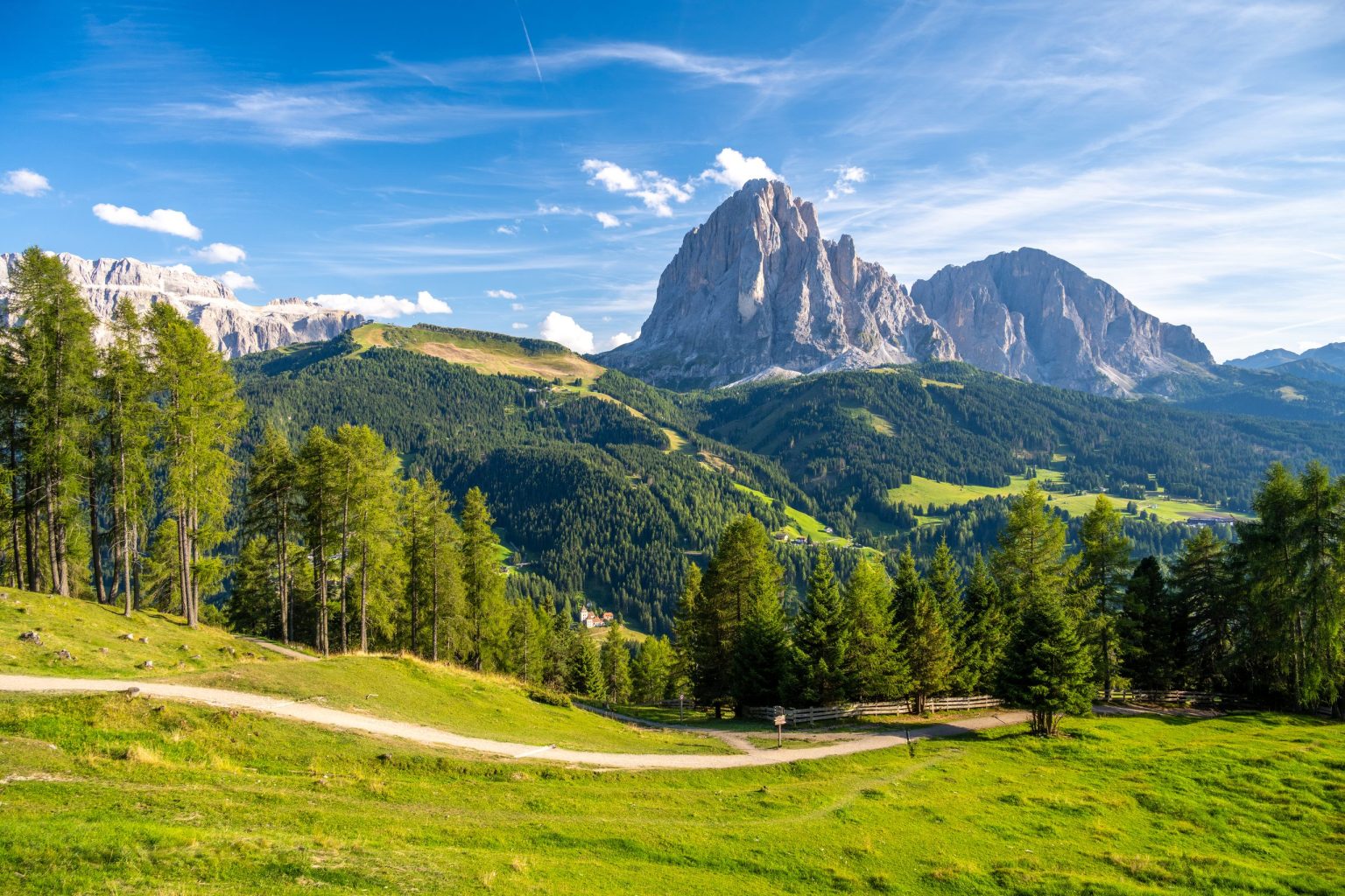 Sassolungo above the meadows of Val Gardena, Dolomites