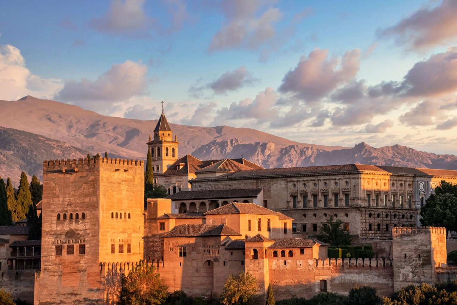 The Alhambra at sunset with the Sierra Nevada, Granada
