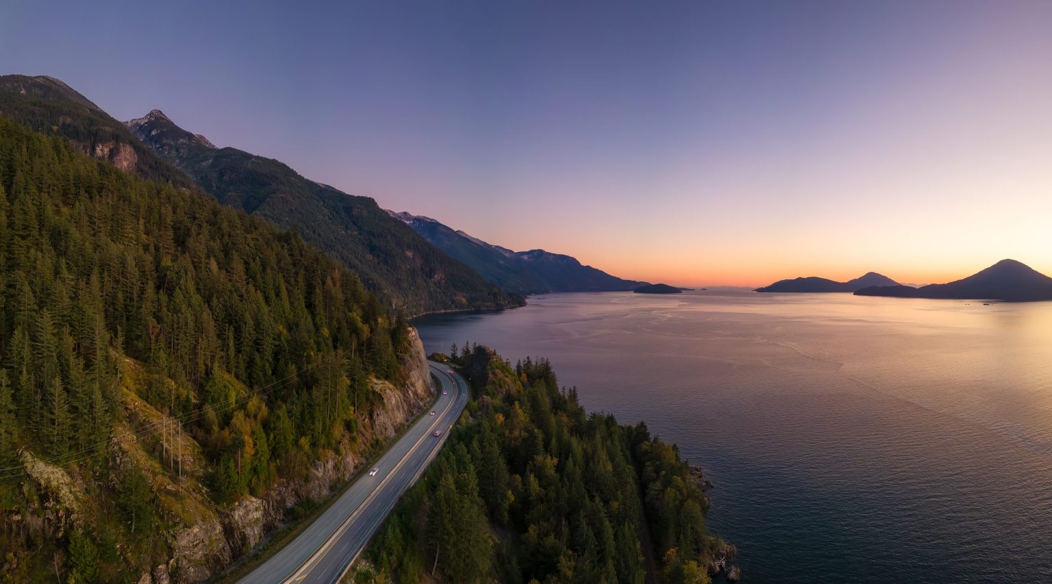 The Sea to Sky Highway above Howe Sound at twilight