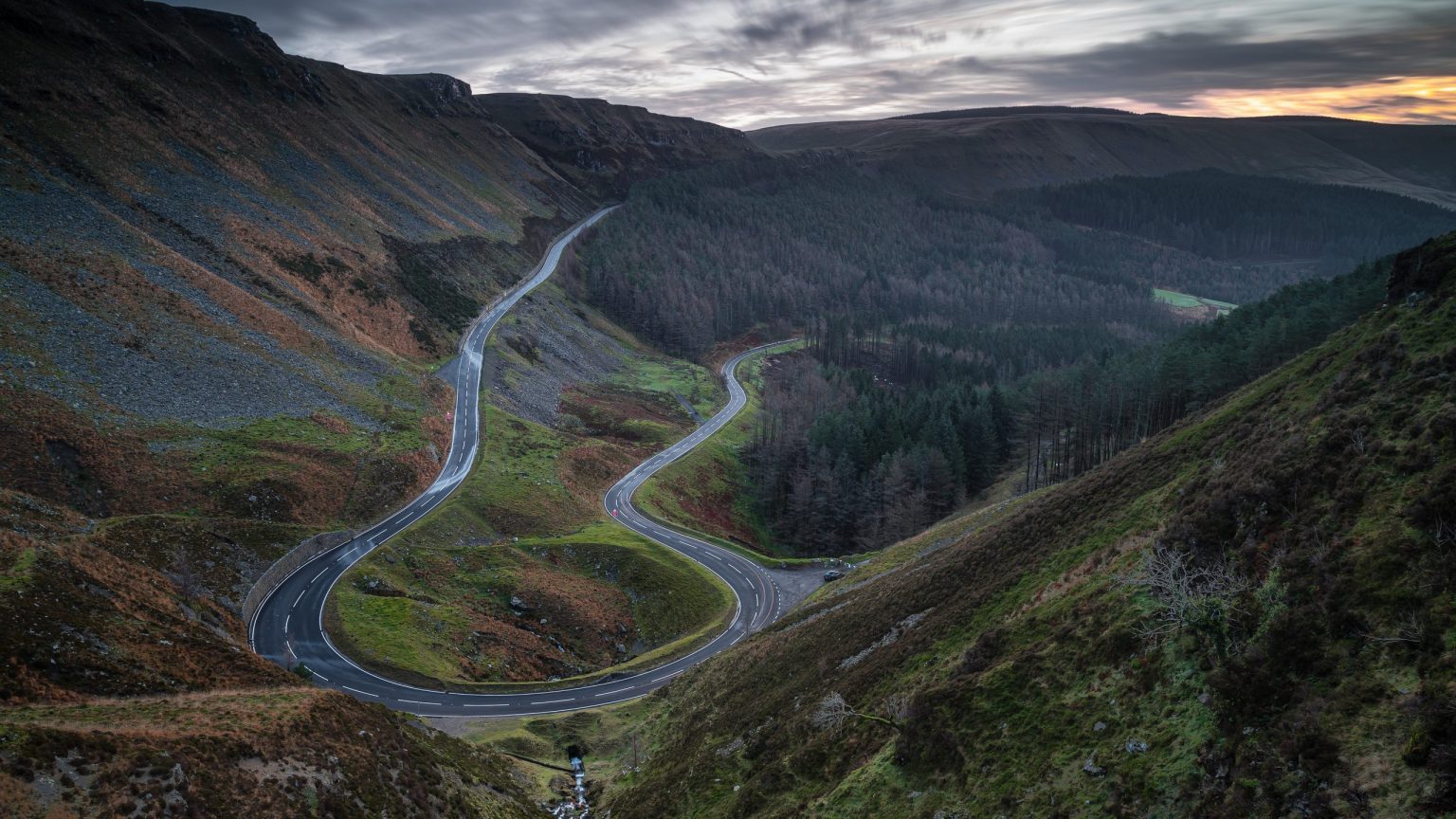 A hairpin bend on a mountain road in the Brecon Beacons