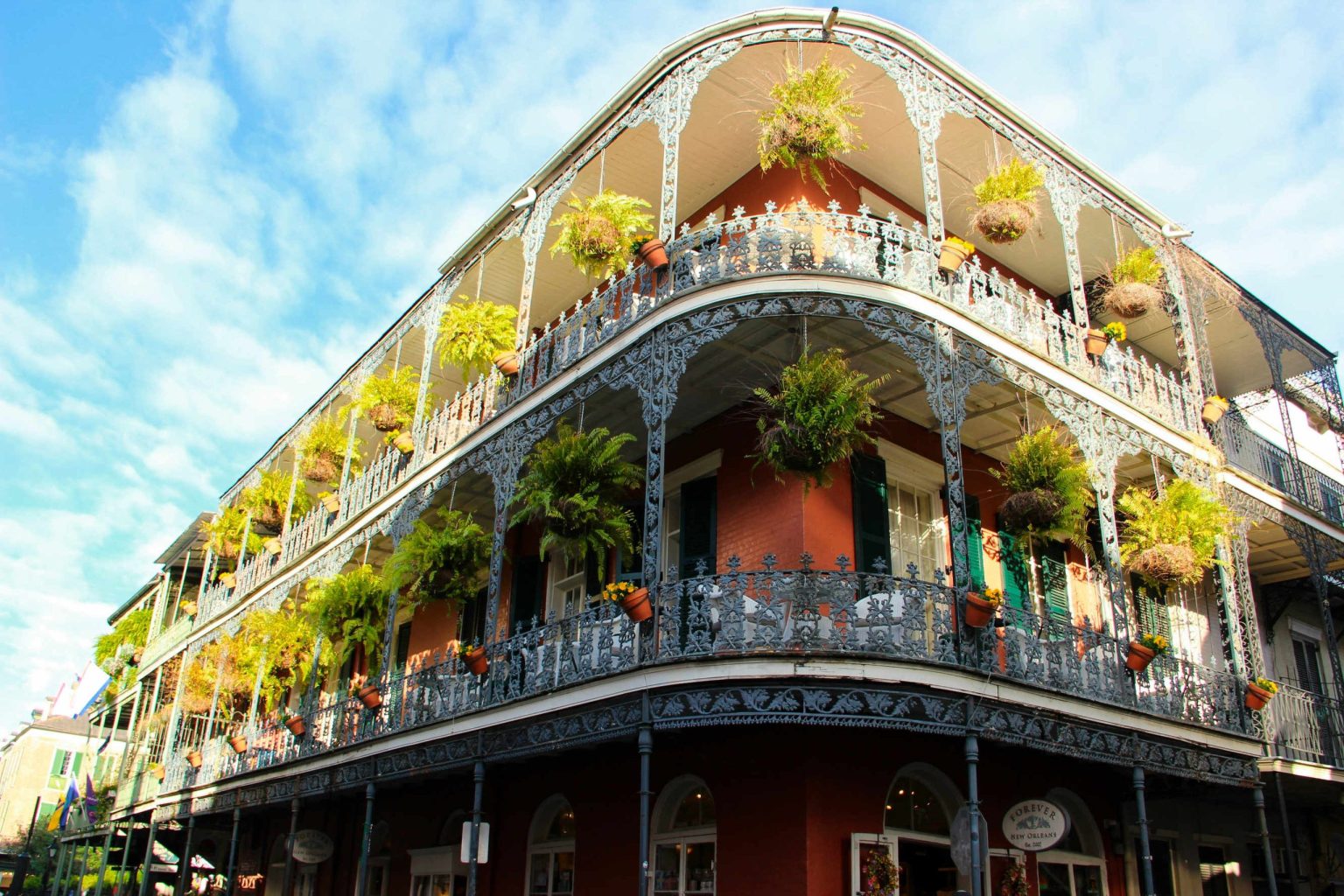 Wrought-iron balconies with hanging plants in the French Quarter, New Orleans