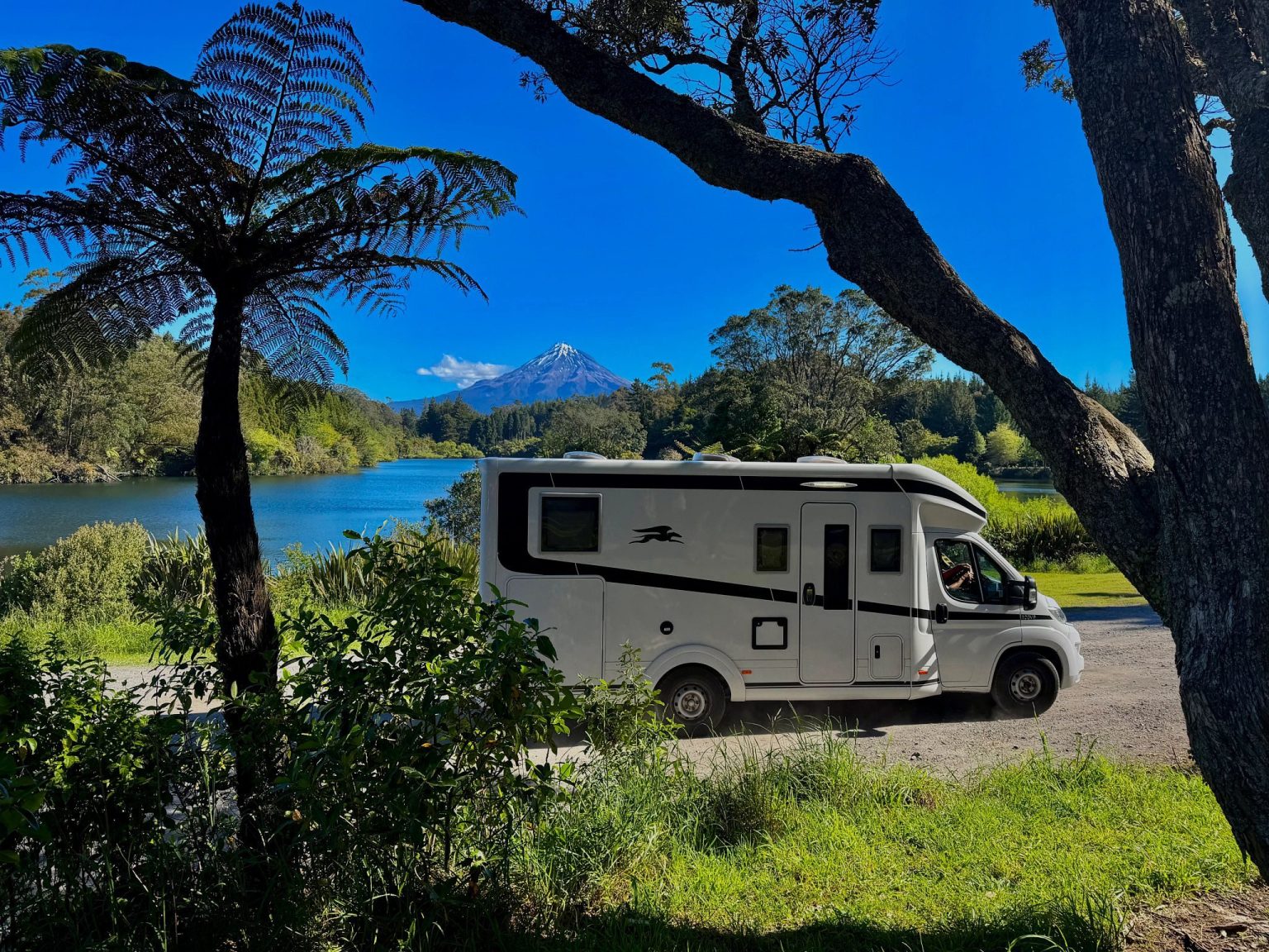 A Britz Wanderer campervan at Lake Mangamahoe, Taranaki, North Island, New Zealand