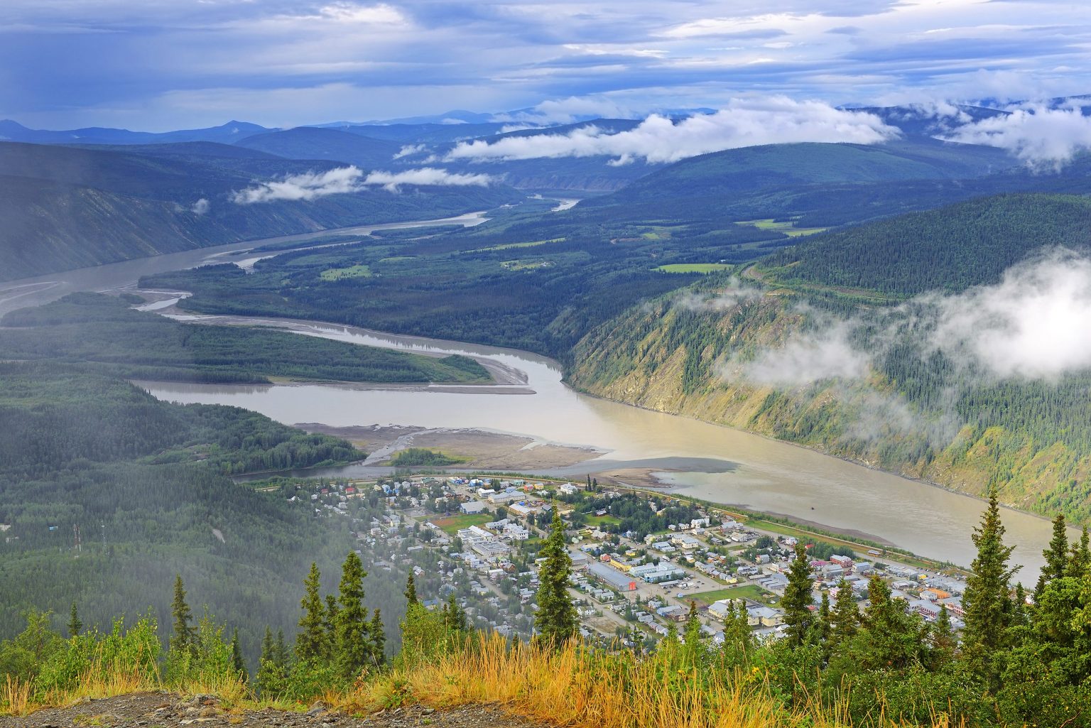 Aerial view of Dawson City on the Yukon River