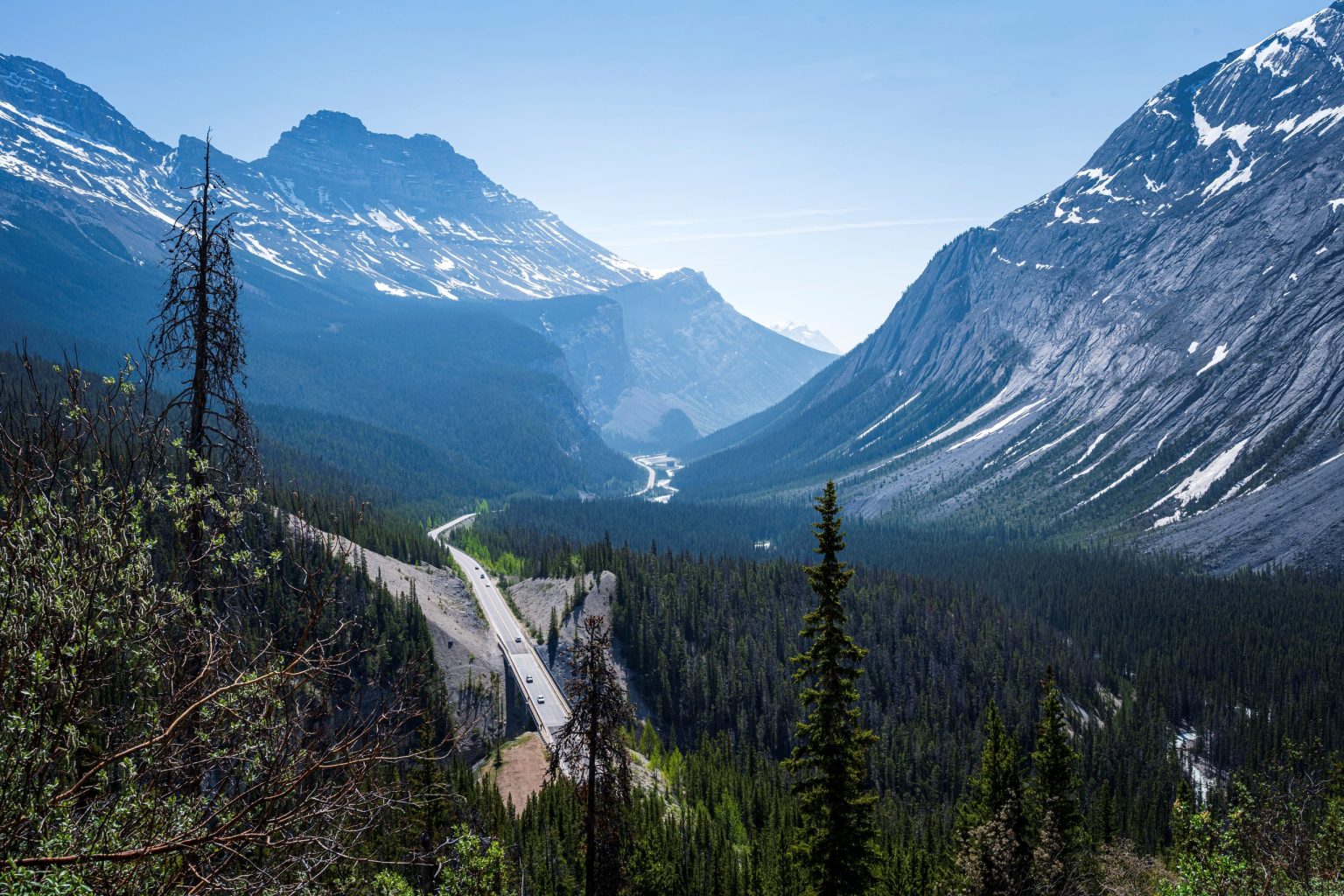 Icefields Parkway winding through a valley, Canadian Rockies