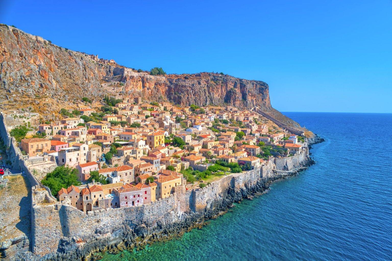 Aerial view of the fortified town of Monemvasia on its rocky peninsula