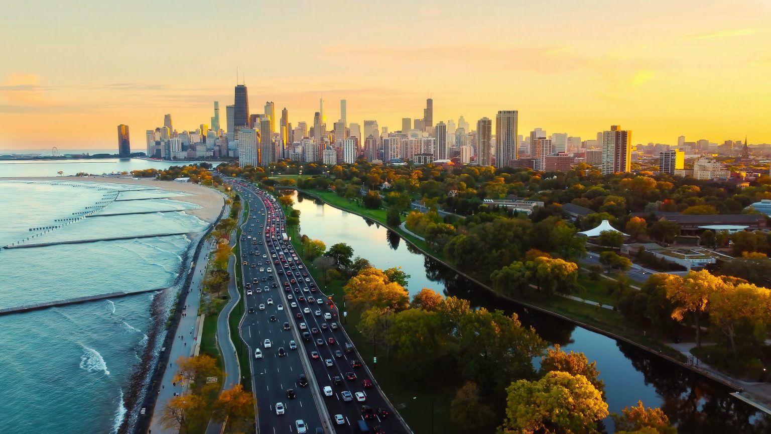 Aerial view of Lake Shore Drive and Lincoln Park in Chicago at sunset