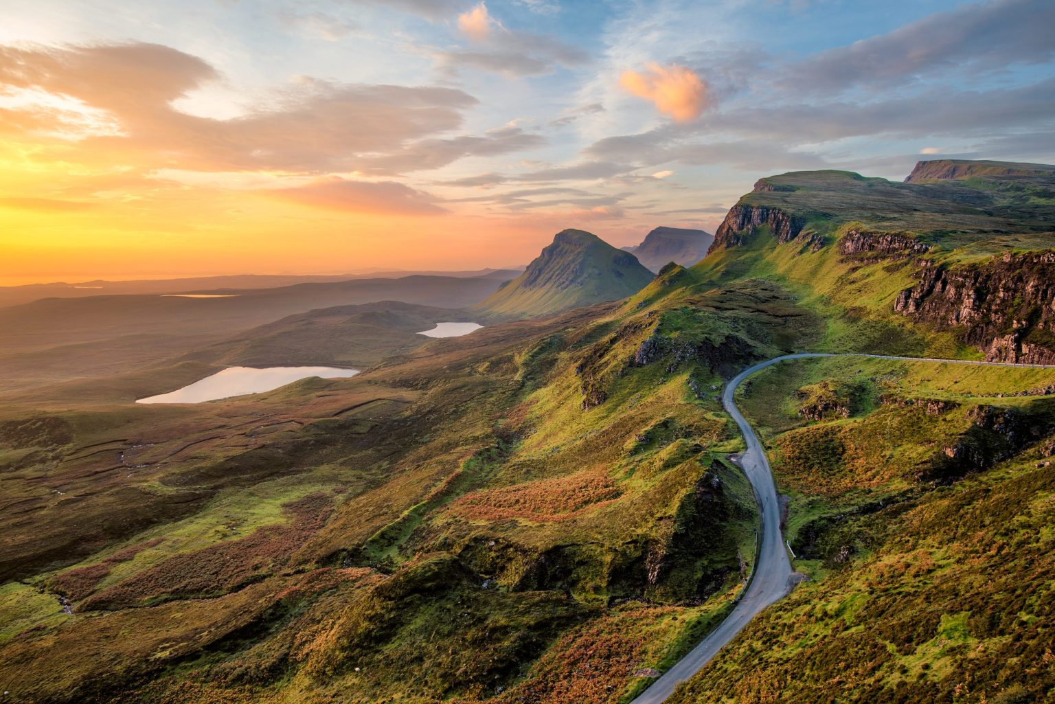 Single-track road through the Quiraing at sunrise, Isle of Skye