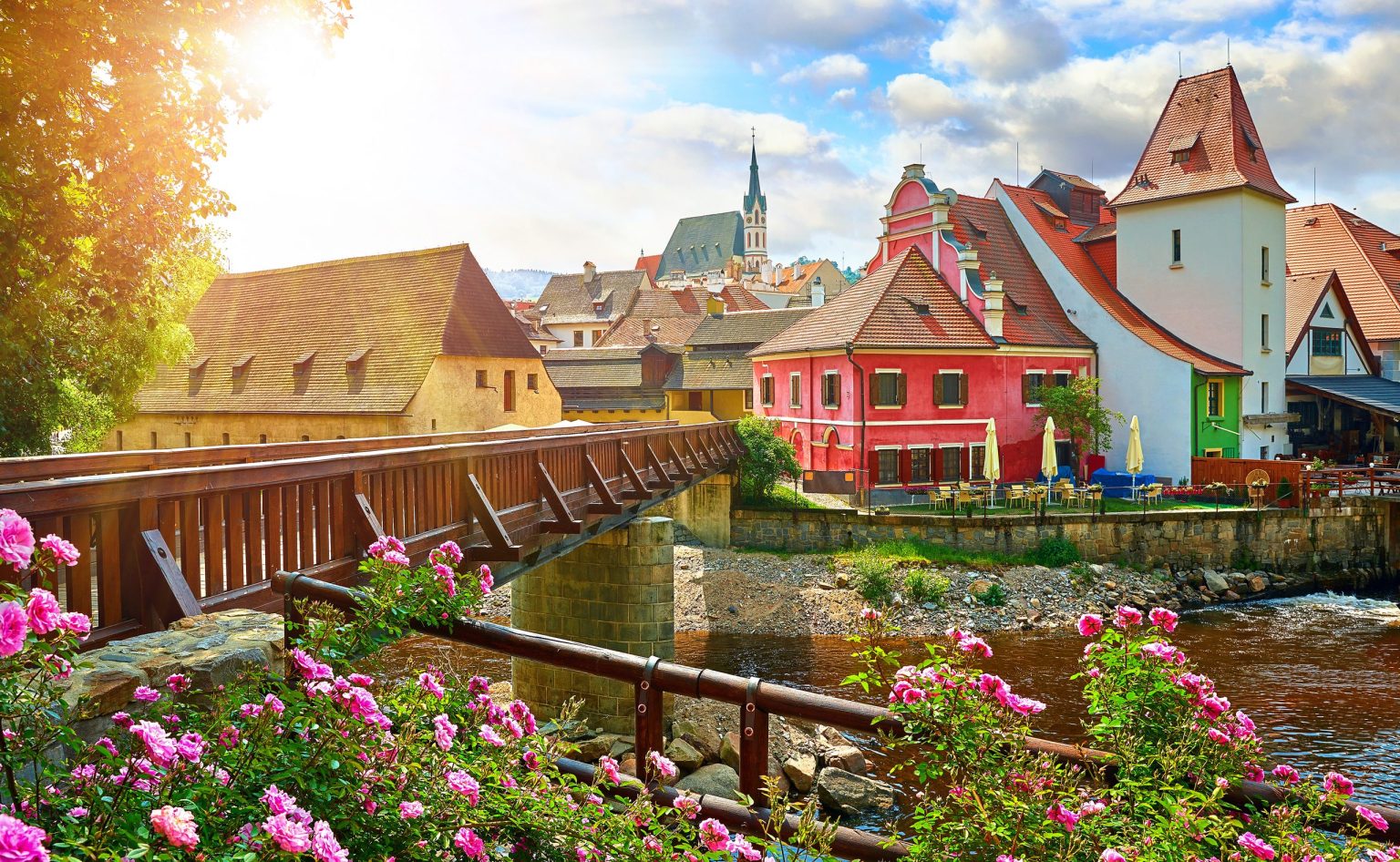 Wooden bridge over the river in Český Krumlov, Czech Republic