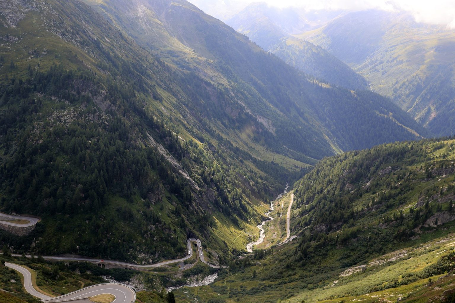 Furka Pass road descending towards the Rhone gorge, Swiss Alps