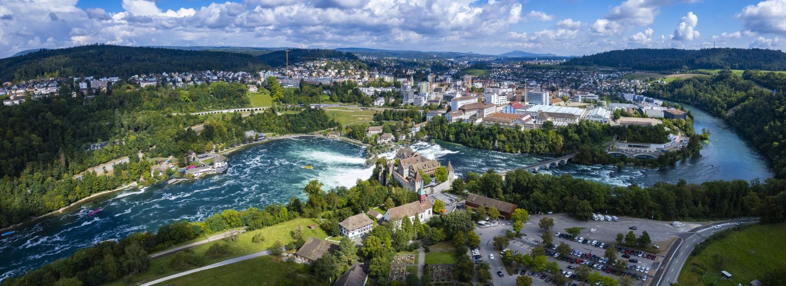 Aerial view of the Rhine Falls at Schaffhausen in summer