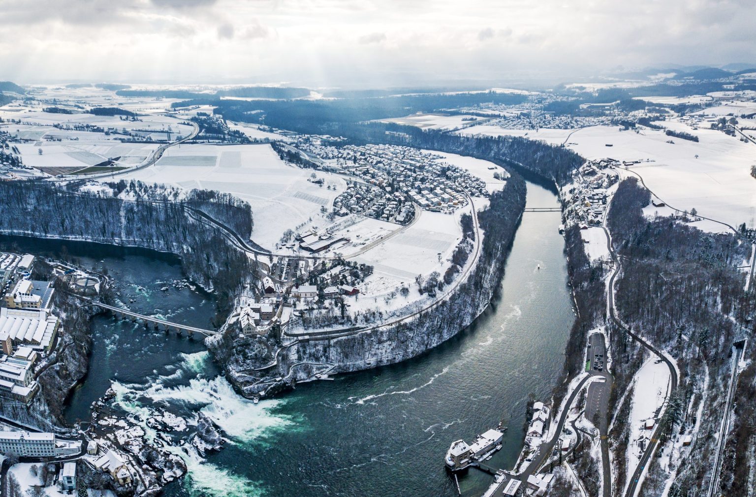 Aerial view of the Rhine Falls at Schaffhausen in winter