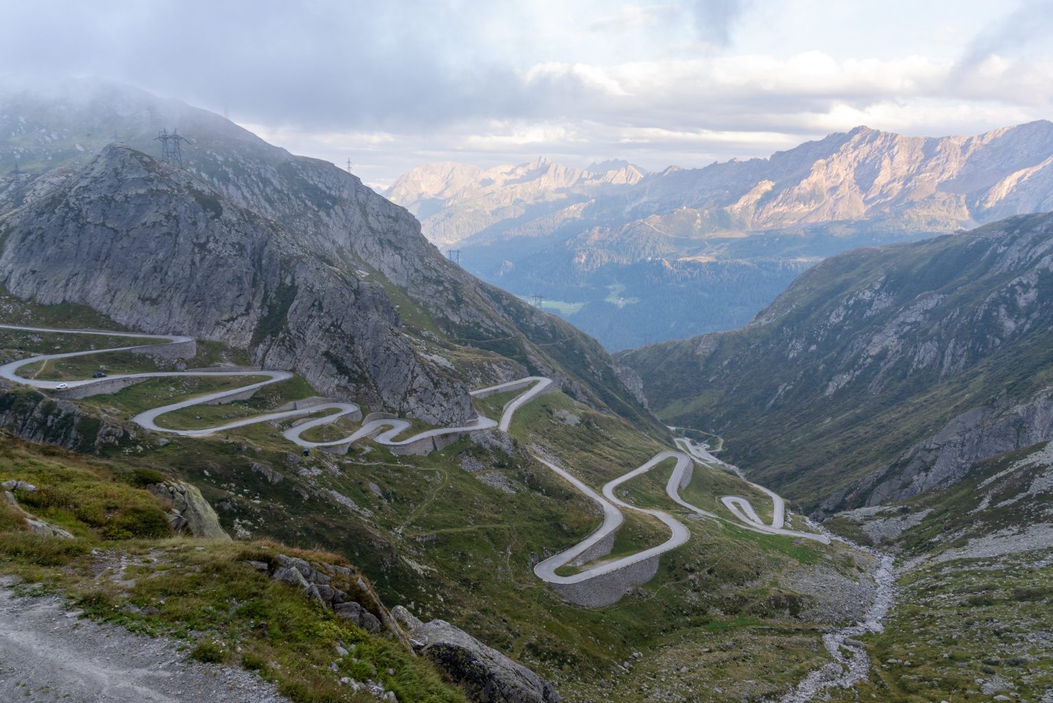 Hairpin bends of the Tremola road descending the Gotthard Pass, Switzerland
