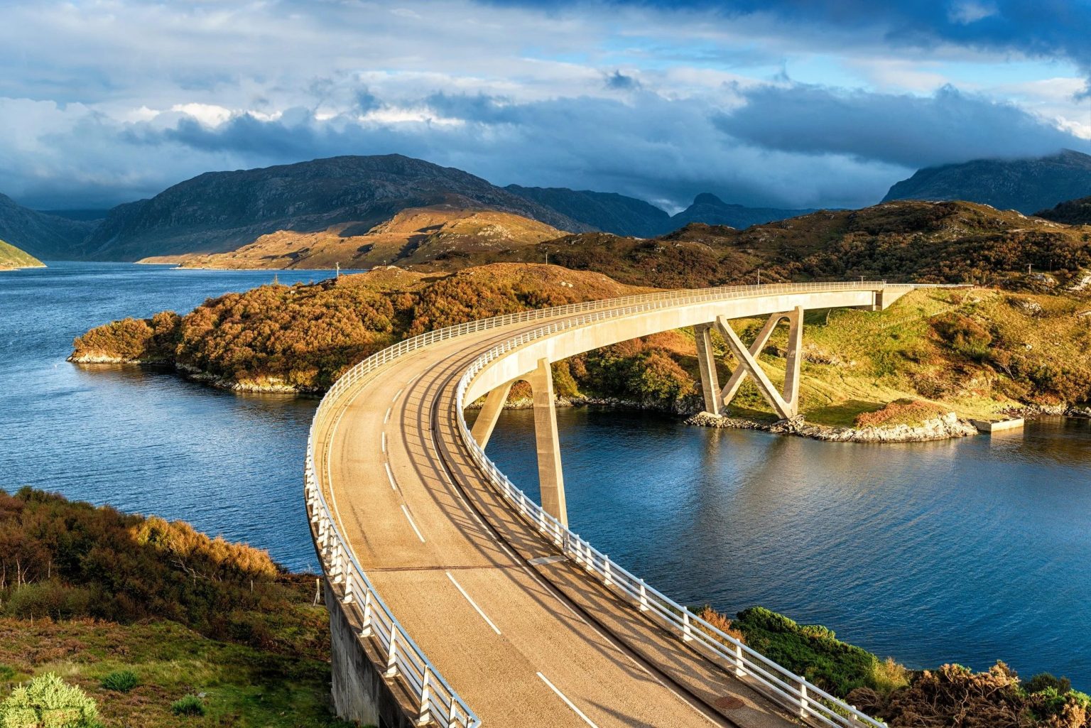 Kylesku Bridge over the sea lochs of Sutherland at golden hour