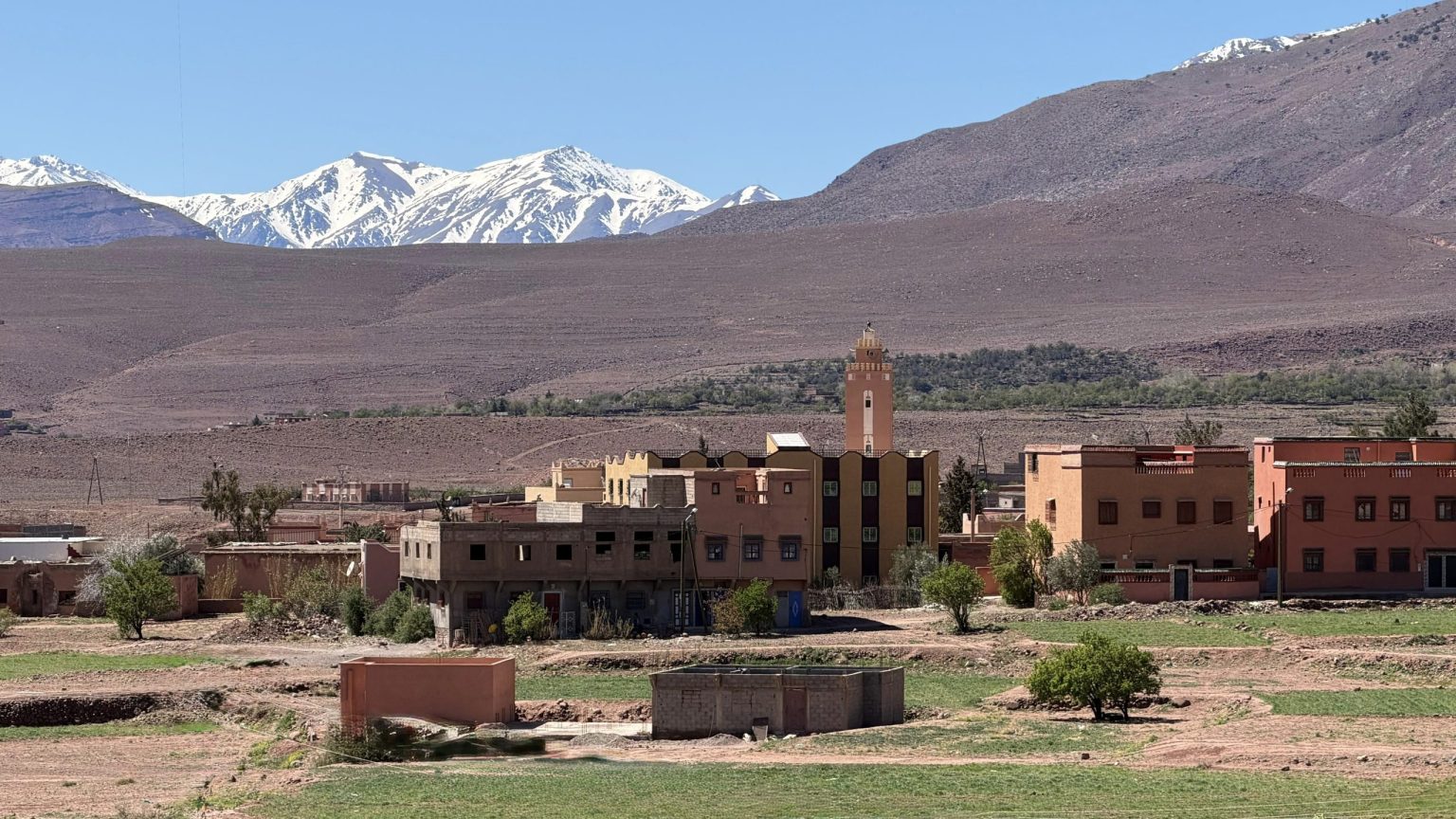 Snow-capped High Atlas peaks above a kasbah village in Morocco