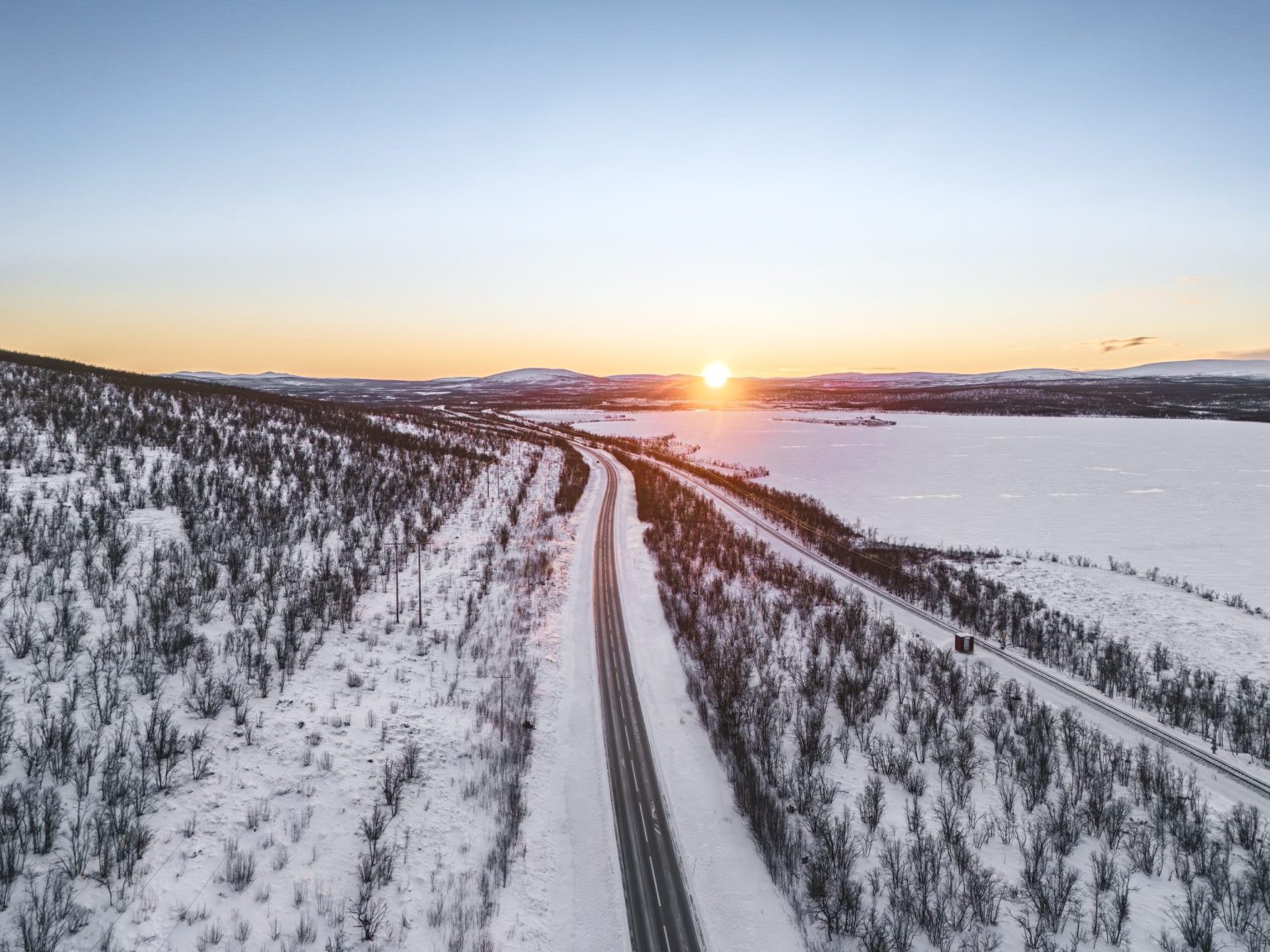 The E10 and the railway between Kiruna and Narvik in arctic winter