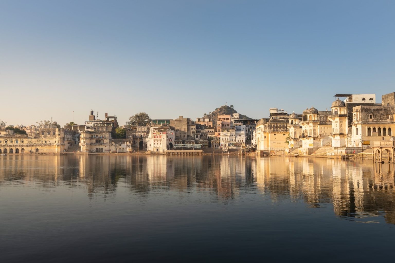 Sunrise over the ghats of Pushkar Lake