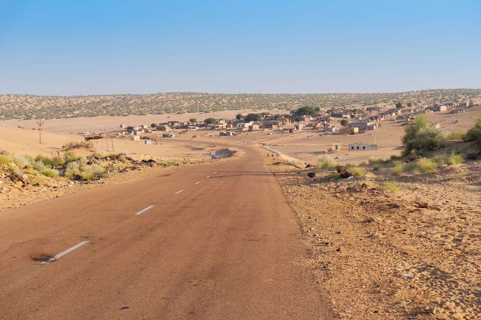 An empty road into a Thar Desert village