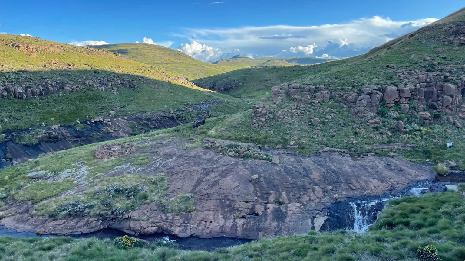 Green valleys and waterfalls in the Lesotho highlands