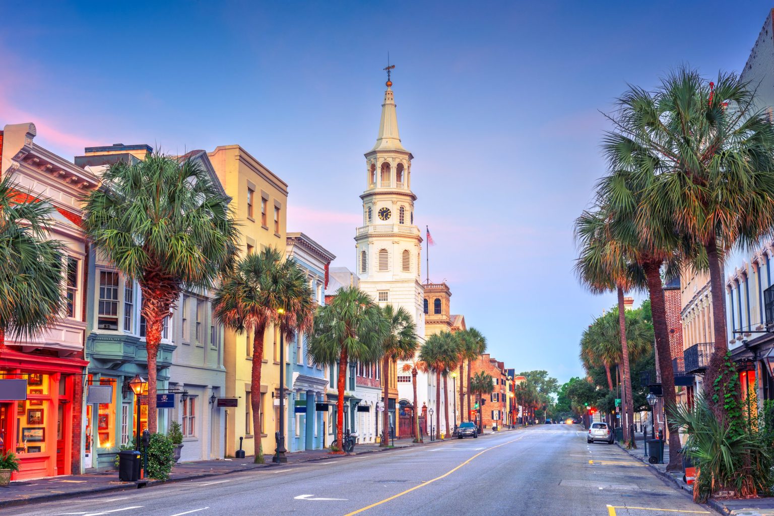 Broad Street and St Michael's Church framed by palms in Charleston, South Carolina