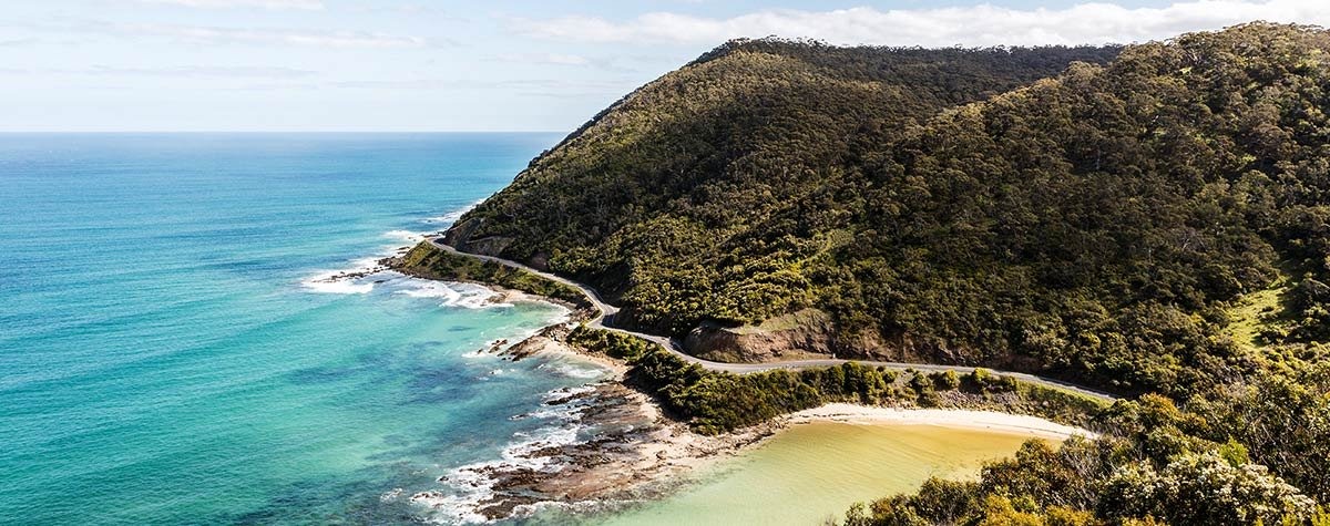 Coastal road winding around a forested headland above turquoise sea on the Great Ocean Road