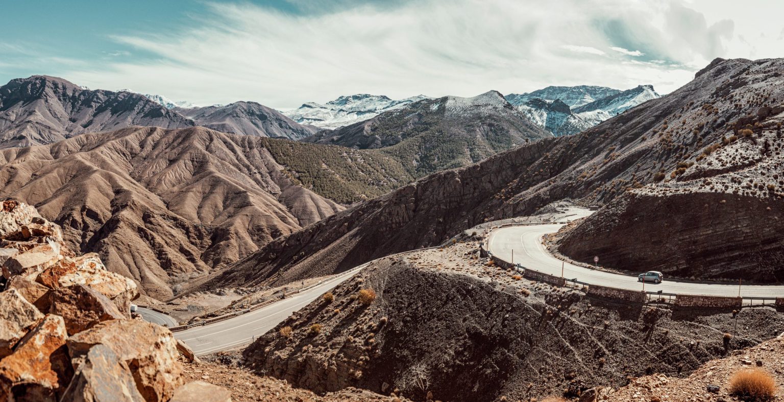 Road curving through the High Atlas towards the Tizi n'Tichka pass, Morocco