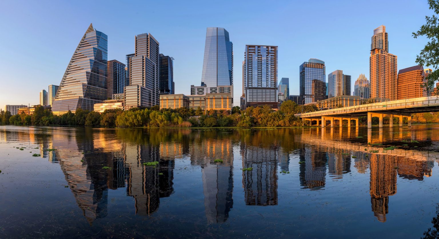 Austin skyline reflected in Lady Bird Lake, Texas