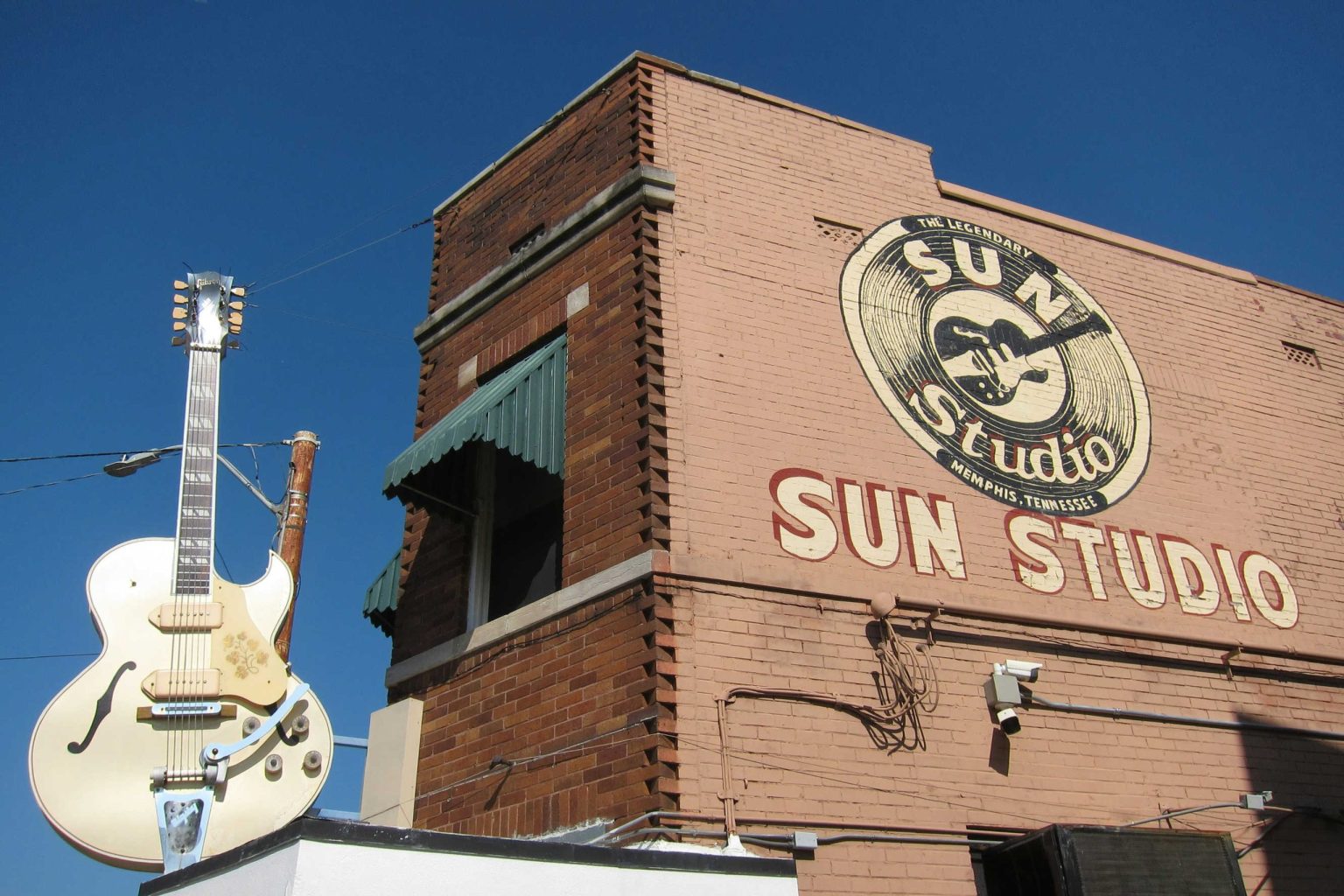 Sun Studio and its giant guitar sign in Memphis, Tennessee