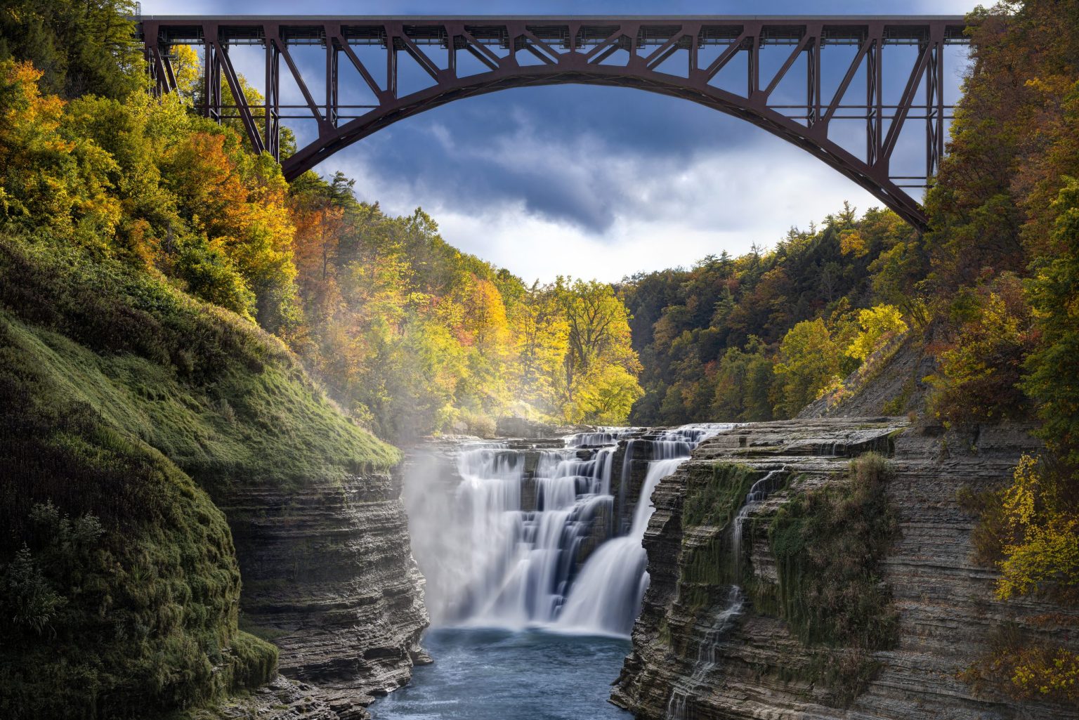 Upper Falls and railway bridge in Letchworth State Park, New York