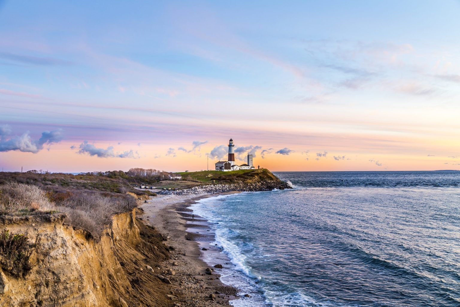 Montauk Point Lighthouse above the cliffs at the tip of Long Island