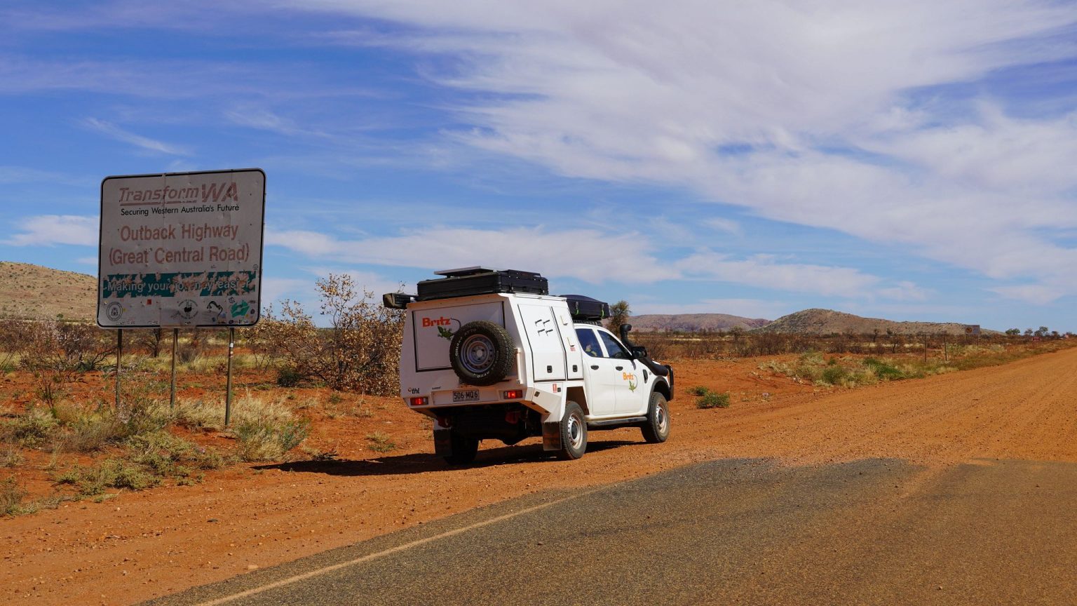A Britz Warrior 4WD on the Great Central Road at the Western Australia border