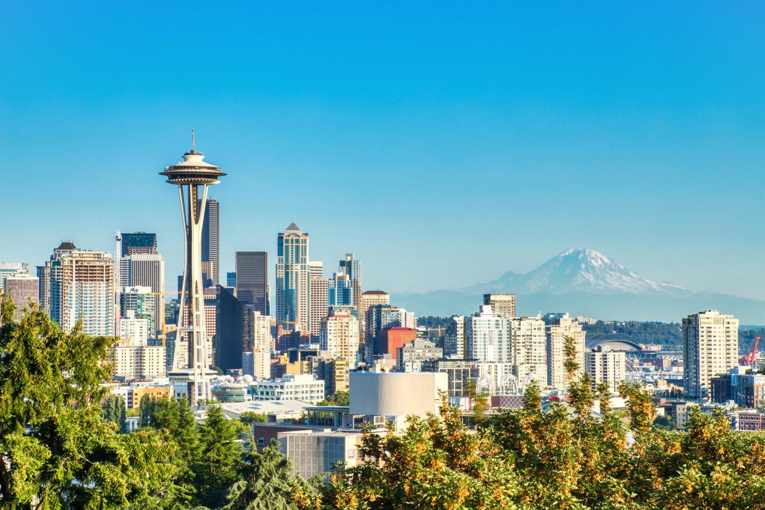 Seattle skyline and Space Needle with Mount Rainier behind, from Kerry Park