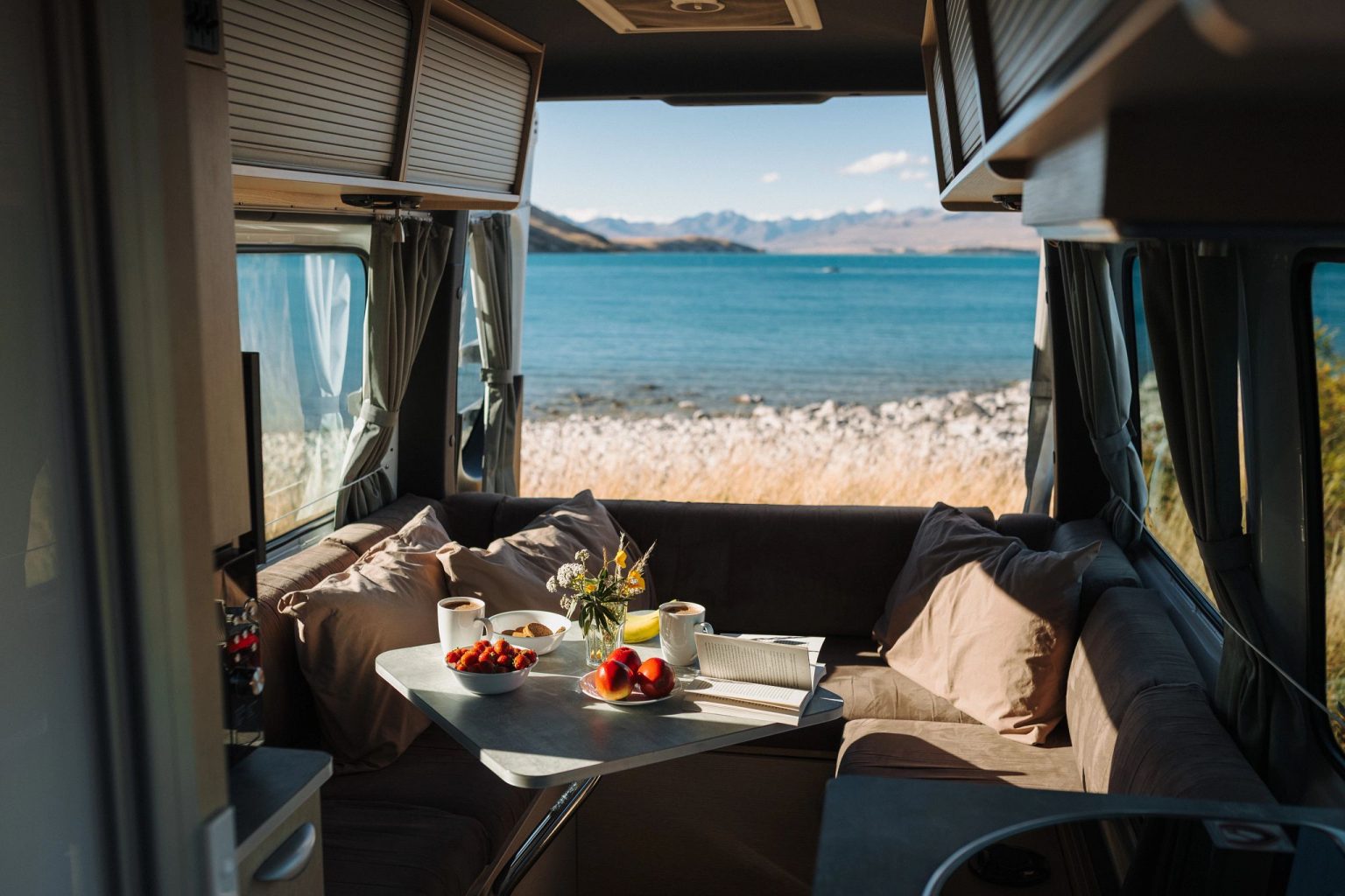 A Britz Venturer campervan at Lake Tekapo, South Island, New Zealand