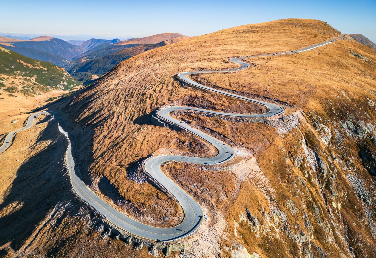 Aerial view of Transalpina switchbacks in the Parâng mountains