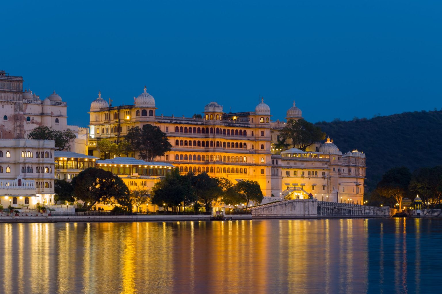 Udaipur's City Palace on Lake Pichola at night