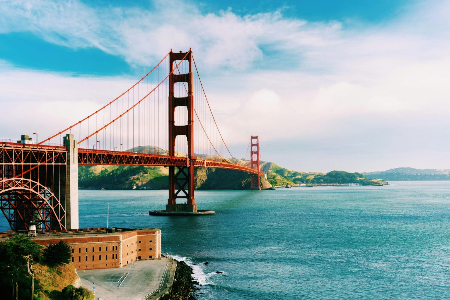 Golden Gate Bridge and Fort Point on a sunny day in San Francisco