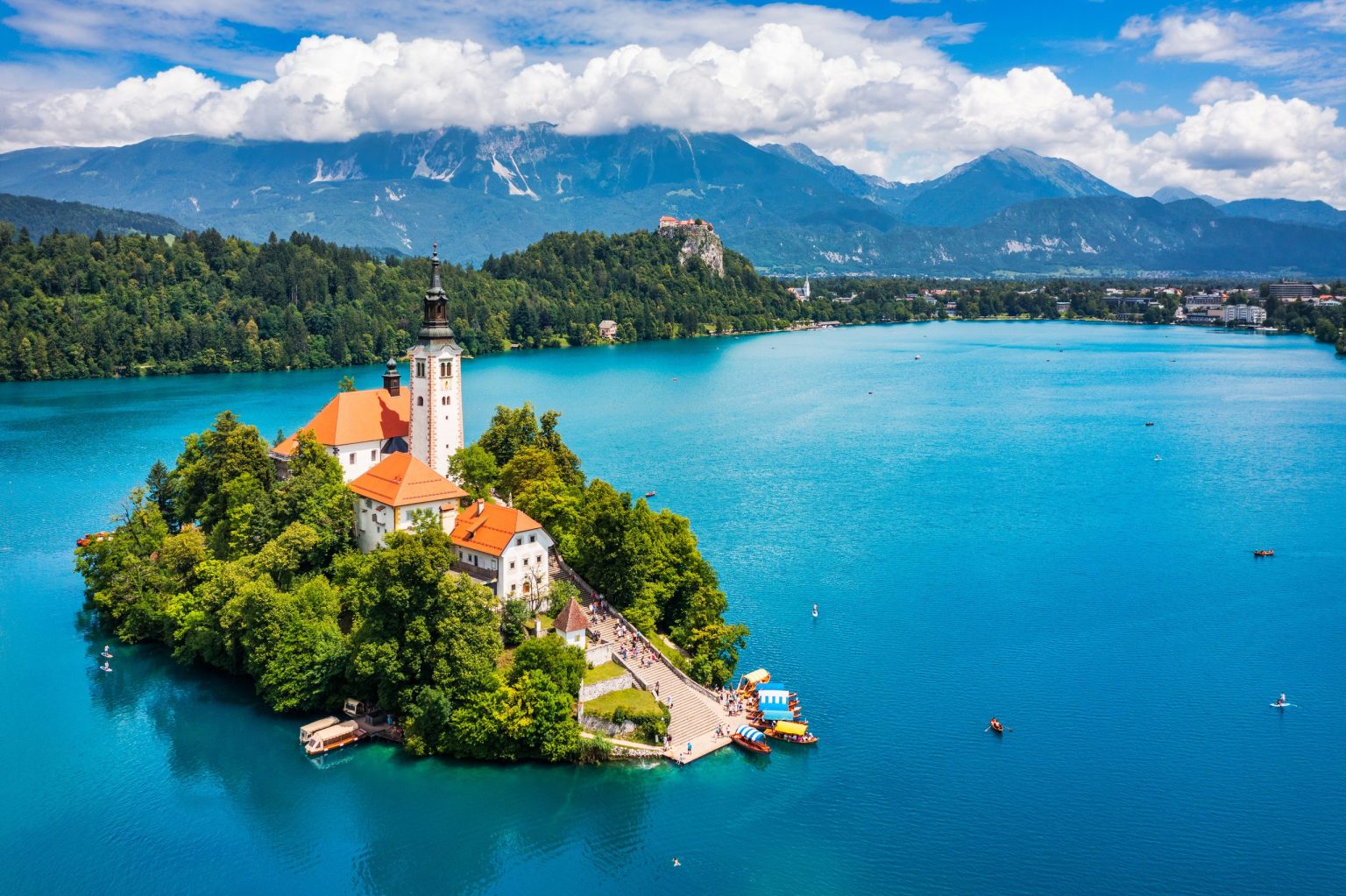 The island church on Lake Bled below the Julian Alps, Slovenia