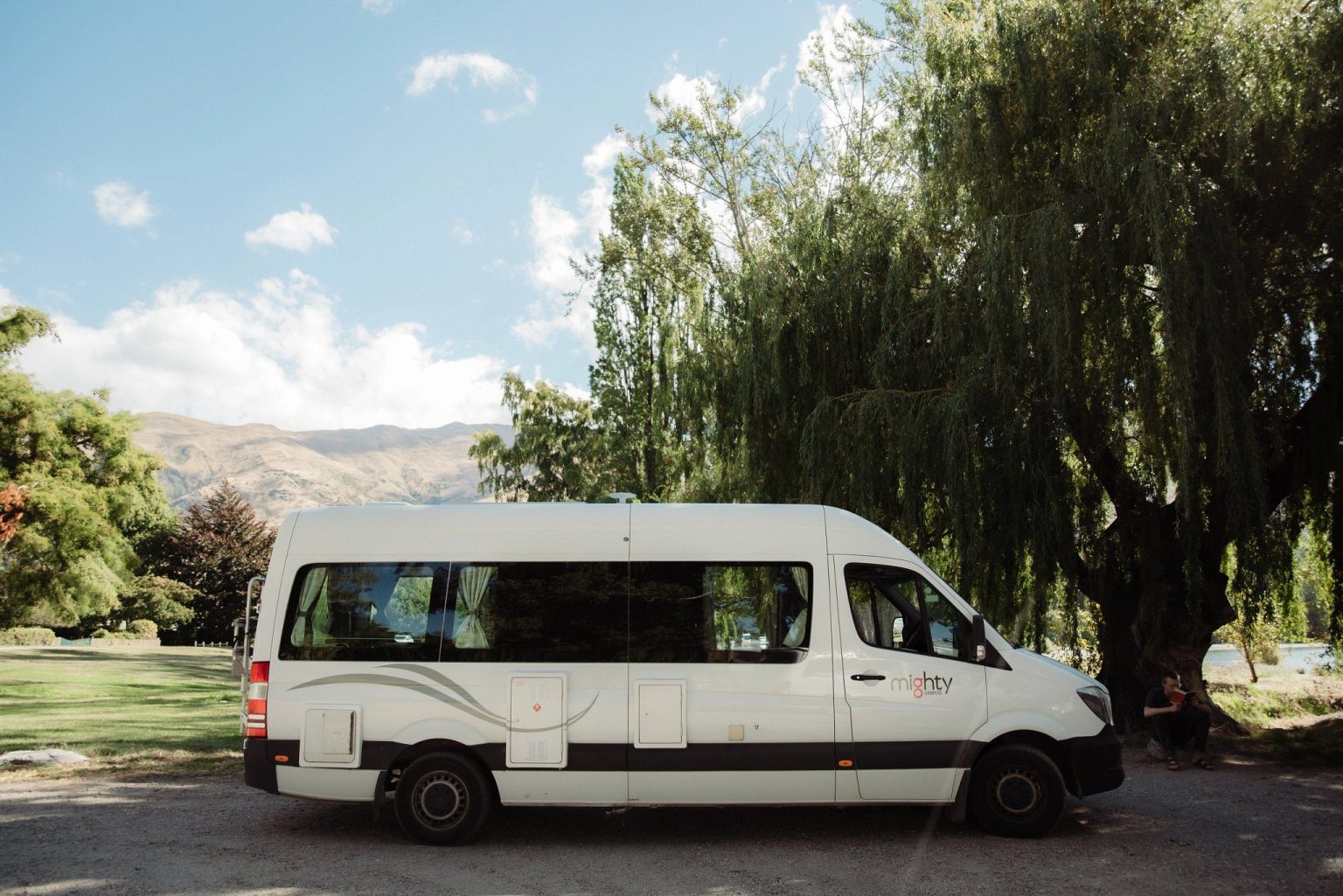 Campervan parked beneath a willow tree near the coast, Wanaka, New Zealand's South Island