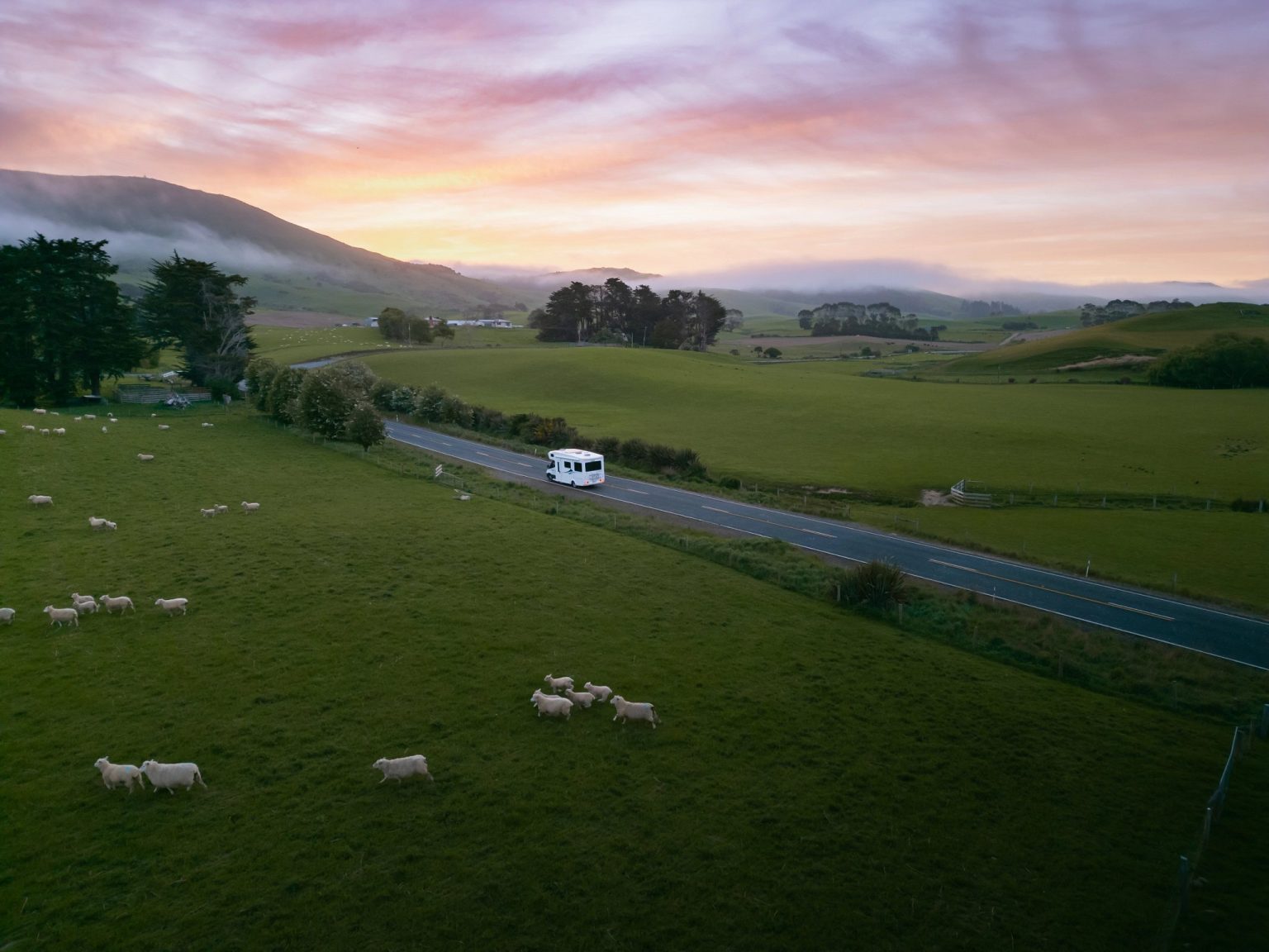 Campervan on a country road through sheep pasture at dusk, the Catlins, New Zealand's South Island