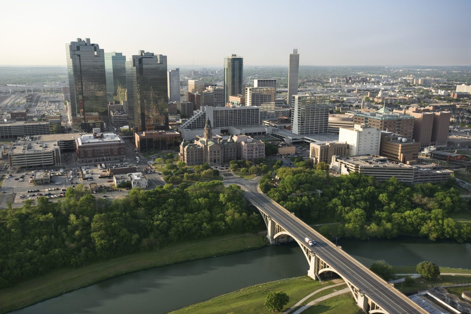 Aerial view of downtown Fort Worth above the Trinity River, Texas