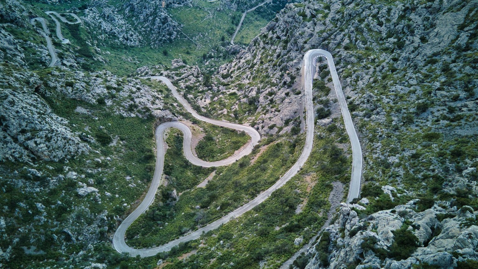 Hairpin bends of the Sa Calobra road in the Serra de Tramuntana, Mallorca