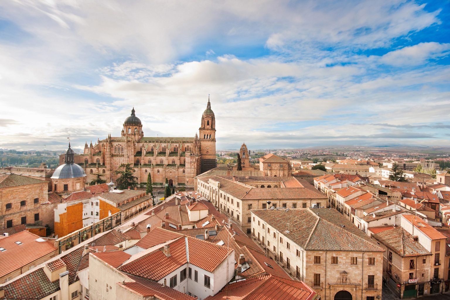 Salamanca cathedral above the old town rooftops