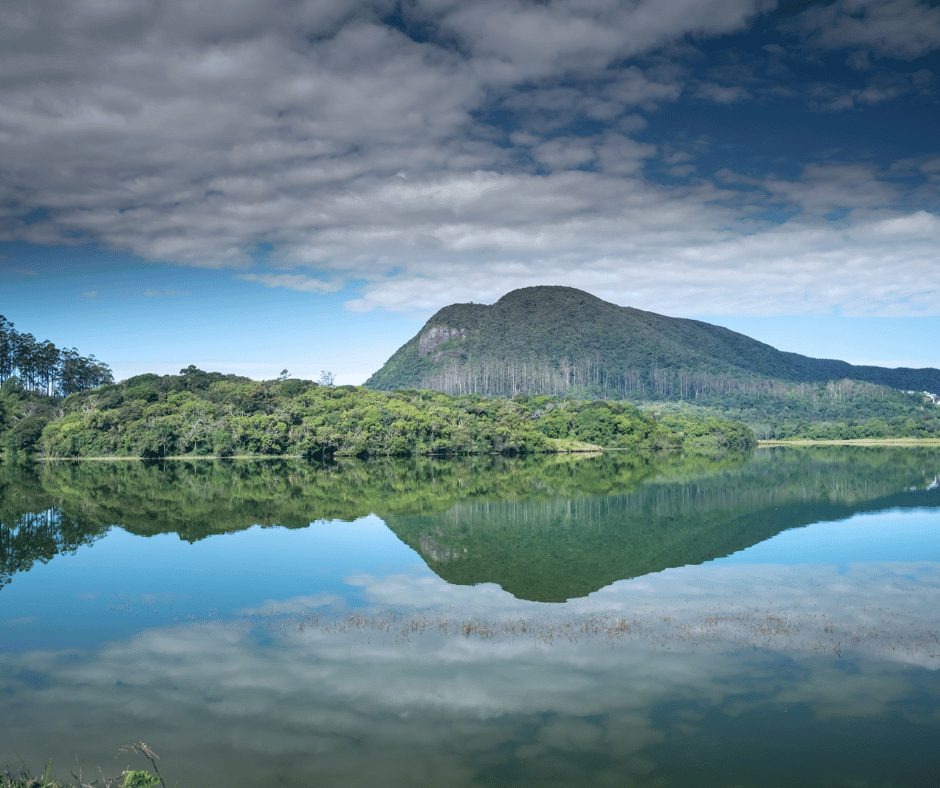 Forested hills and a flat-topped mountain reflected in a still lake, Sri Lanka