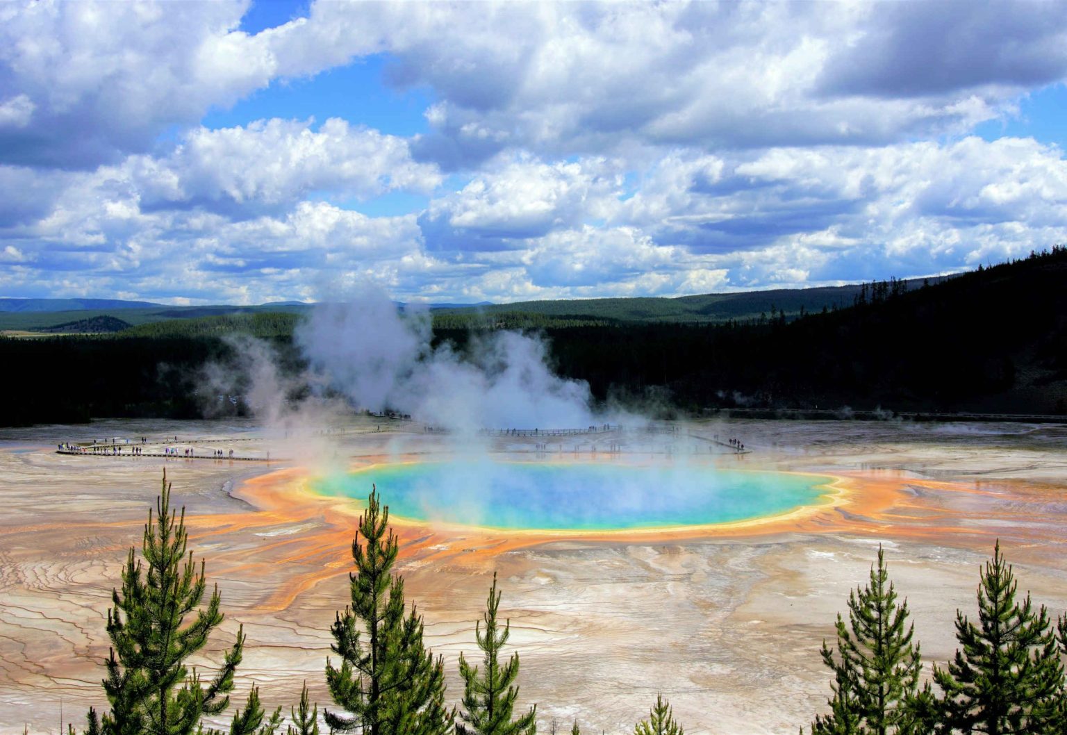 Grand Prismatic Spring steaming in Yellowstone National Park
