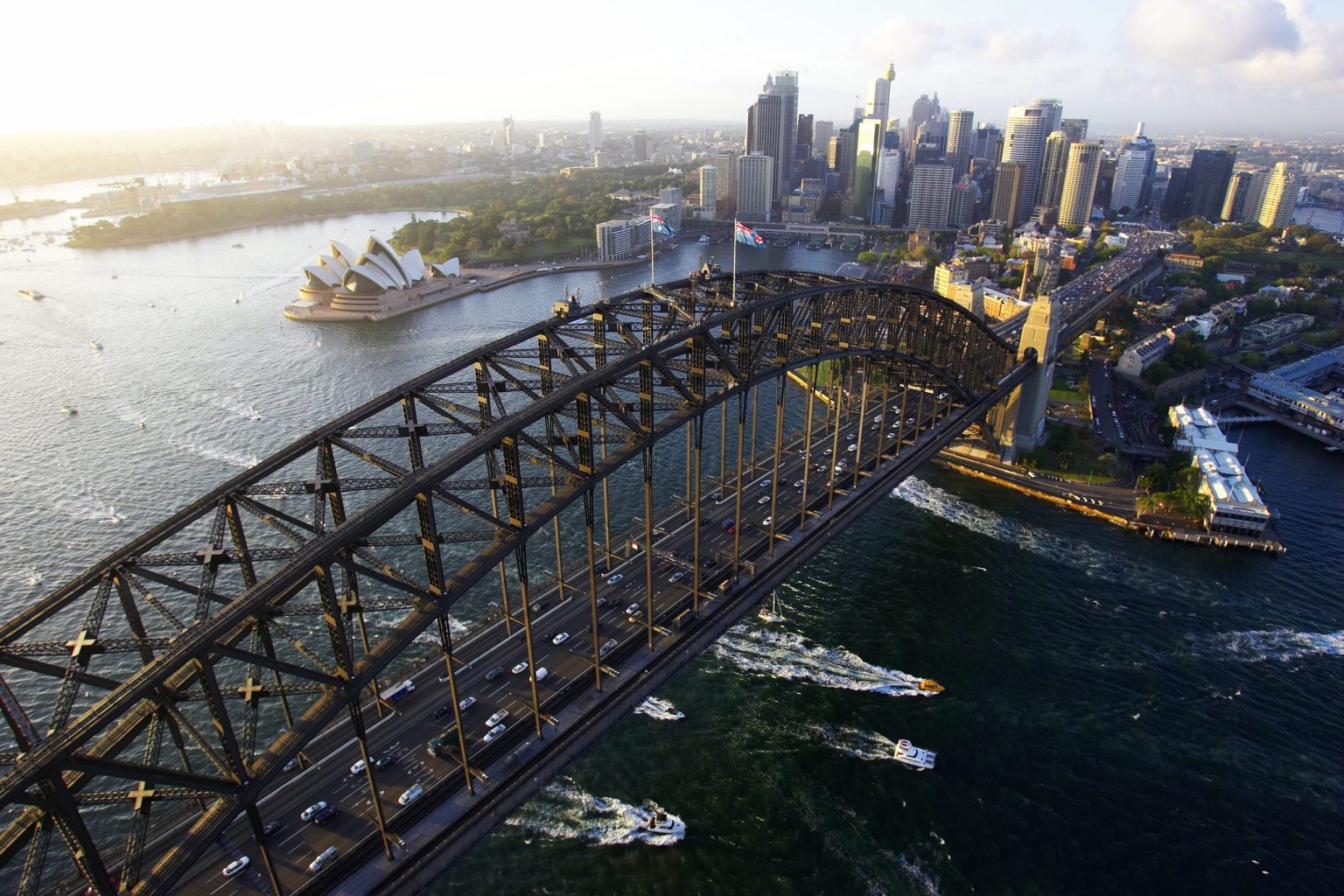 Aerial view of Sydney Harbour Bridge and the Opera House