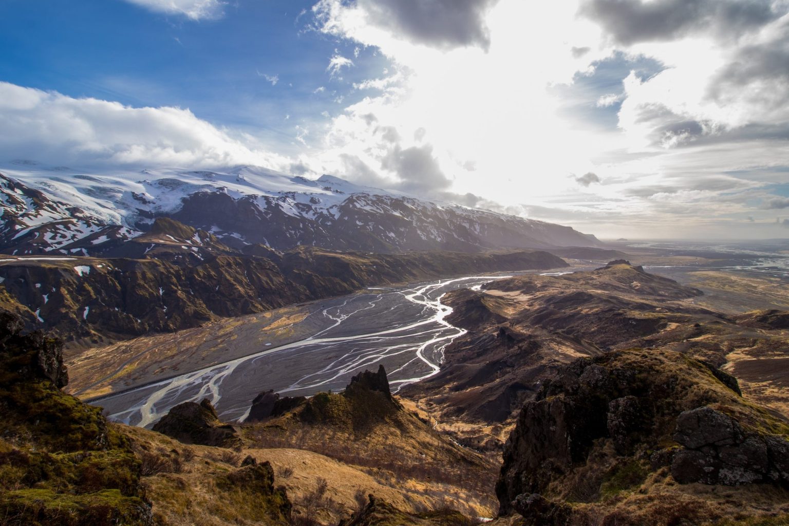 Braided glacial river across a wide valley below snowy Icelandic mountains