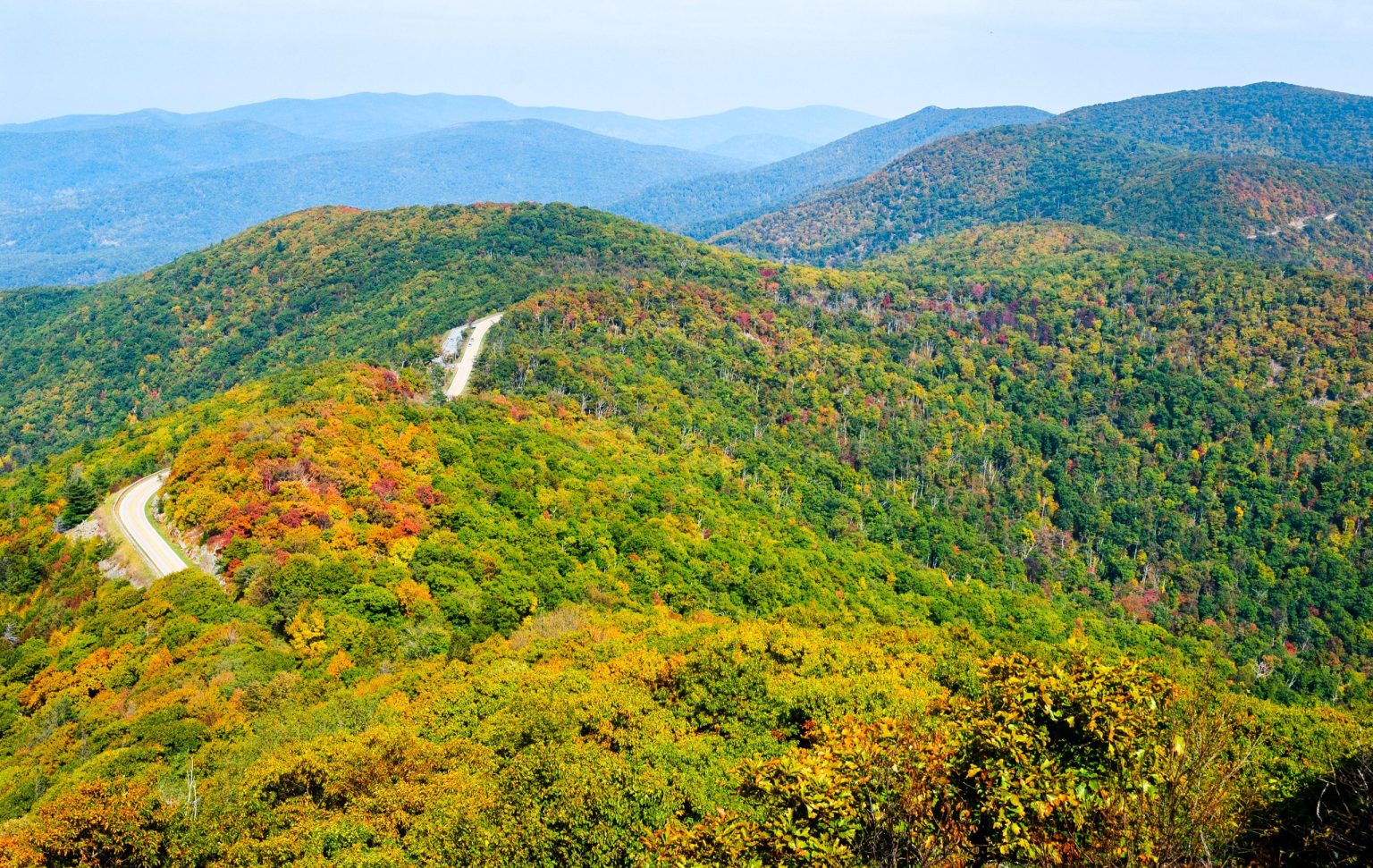 Skyline Drive winding through autumn colour in Shenandoah National Park, Virginia