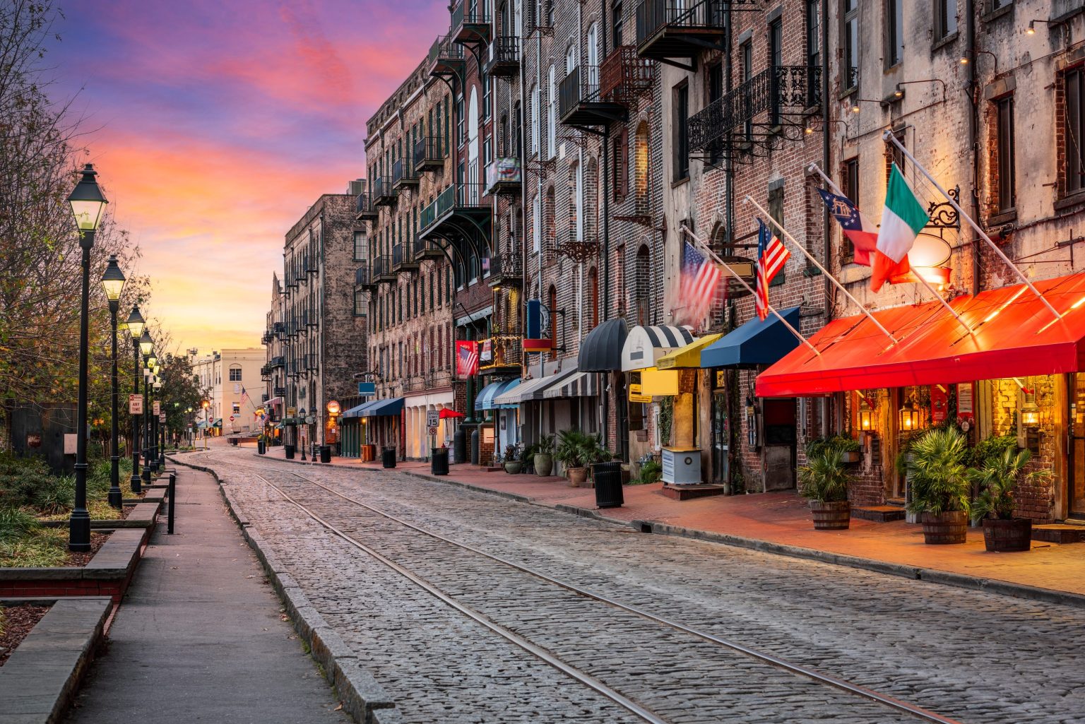 Cobbled River Street in Savannah, Georgia, at sunrise
