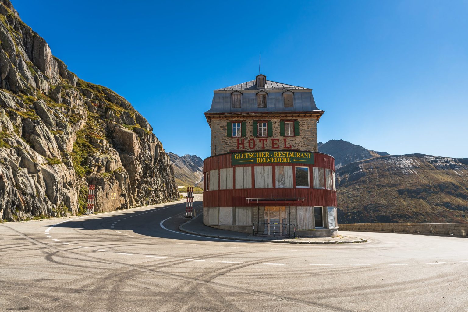 The Hotel Belvedere on a hairpin of the Furka Pass, Swiss Alps
