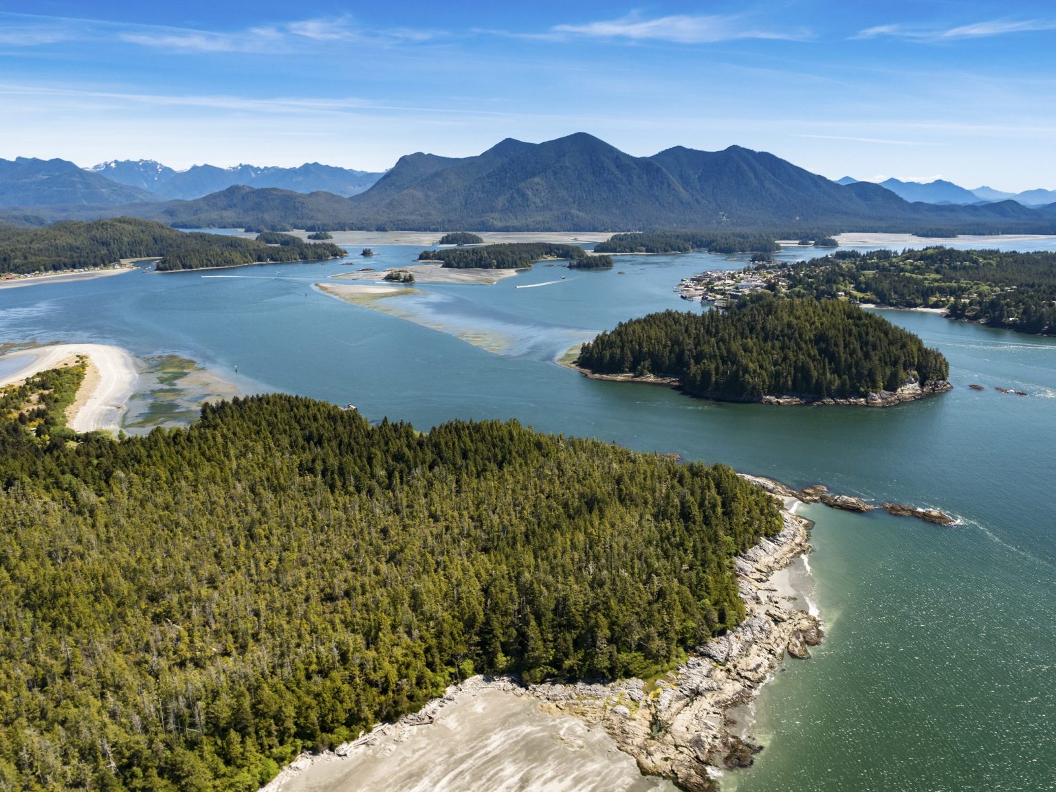 Aerial view of forested islands and beaches near Tofino on Vancouver Island